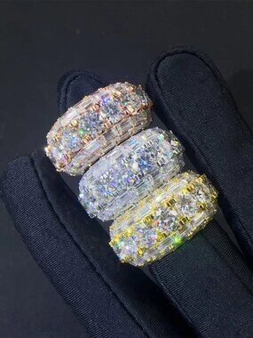 Iced Out Moissanite Diamond 925 Silver Round +Baguette  Etenity Band Ring